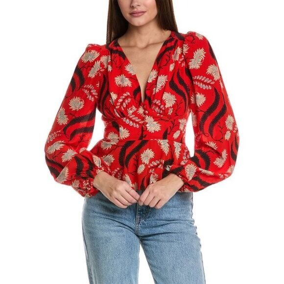 NWT Rhode Bronson Blouse Top in Bright Red Kiku Size 8 (M) - Picture 1 of 11
